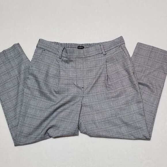 ANN Taylor Loft Gray Plaid Pleated Pull-On Tapered Loose Fit Cropped Pants Large - Picture 2 of 10